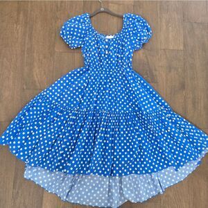 Caroline Constas Bardot Flounce Polka Dot Blue/White Midi Dress M